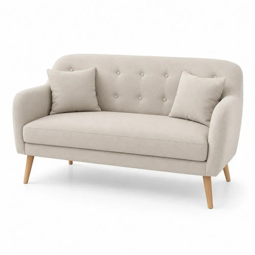 Zweisitzer-Sofa mit Armlehnen und 2 Kissen 150 x 76 x 82 cm Polyesterbezug Kautschukholz rechteckig Beige Naturbraun