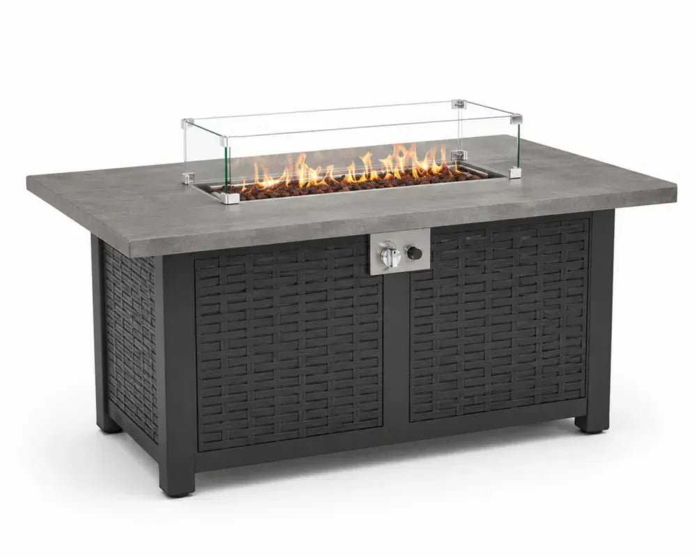 Feuertisch Gas-Gartentisch mit Glas-Windschutz 107 x 67 x 63 cm Faserbetonplatte PE-Rattan Stahl rechteckig Grau Schwarz Transparent