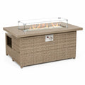 Gas-Feuertisch Gartentisch rechteckig mit Glas-Windschutz 110 x 60 x 68 cm PE-Rattan pulverbeschichtetes Aluminium Stahl Beige Transparent Silberfarben
