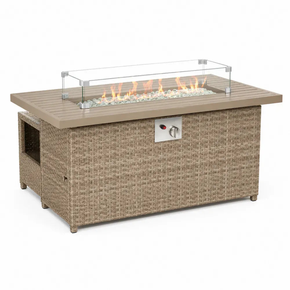 Gas-Feuertisch Gartentisch rechteckig mit Glas-Windschutz 110 x 60 x 68 cm PE-Rattan pulverbeschichtetes Aluminium Stahl Beige Transparent Silberfarben