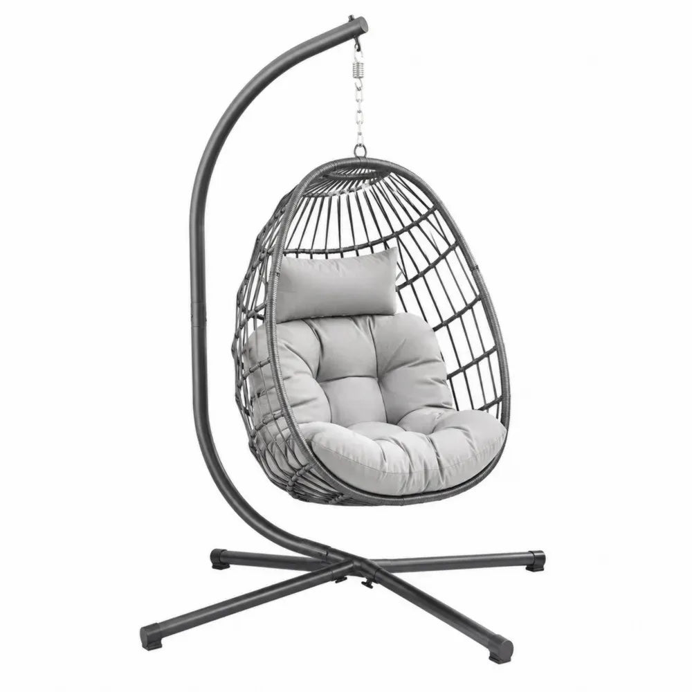 Hängesessel mit freistehendem Gestell Polster und Kopfkissen 195 x 95 x 95 cm PE-Rattan pulverbeschichteter Stahl eiförmig Dunkelgrau Hellgrau Schwarz