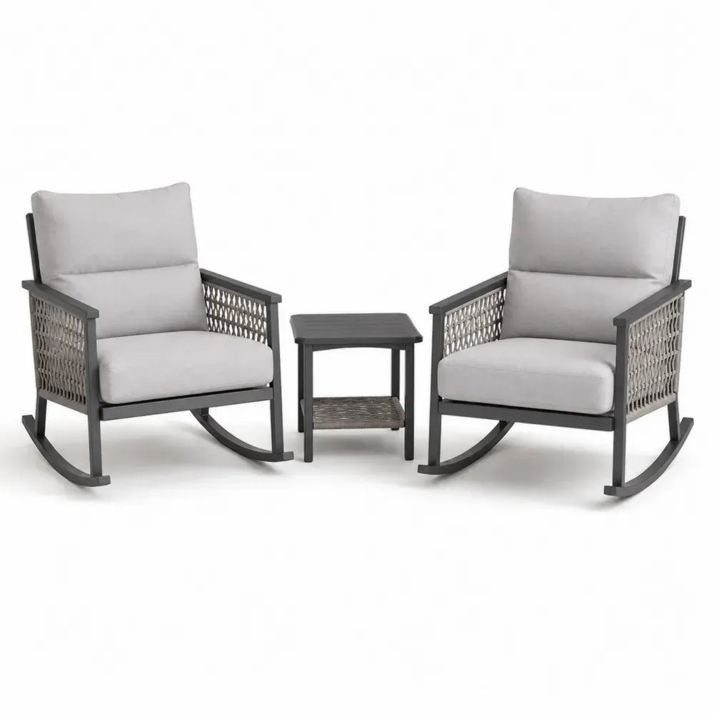 Garten Schaukelstuhl Set 3 teilig mit 2 Sesseln und Beistelltisch Stahl PE-Geflecht Polyesterkissen Dunkelgrau Taupe Hellgrau Sessel 72 x 88 x 88 cm Tisch 45 x 45 x 50 cm