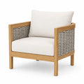Gartensessel rechteckig Akazienholz Naturbraun Grau Cremeweiß mit PE-Rattan-Geflecht und Polyesterpolstern 76 x 74 x 70 cm