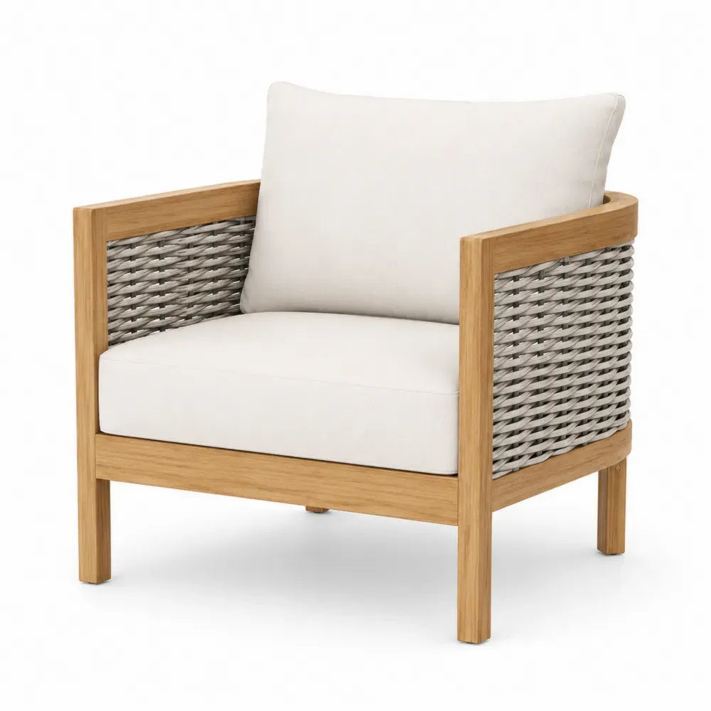 Gartensessel rechteckig Akazienholz Naturbraun Grau Cremeweiß mit PE-Rattan-Geflecht und Polyesterpolstern 76 x 74 x 70 cm