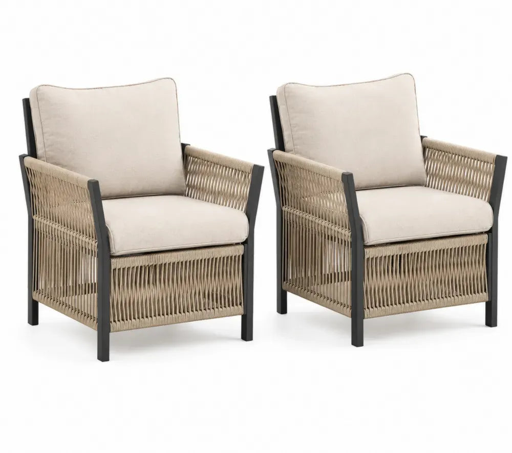 Gartenstühle 2er Set mit Armlehnen Stahlgestell PE-Seilgeflecht Polyesterkissen Beige Naturbeige Schwarz je 70 x 76 x 82 cm