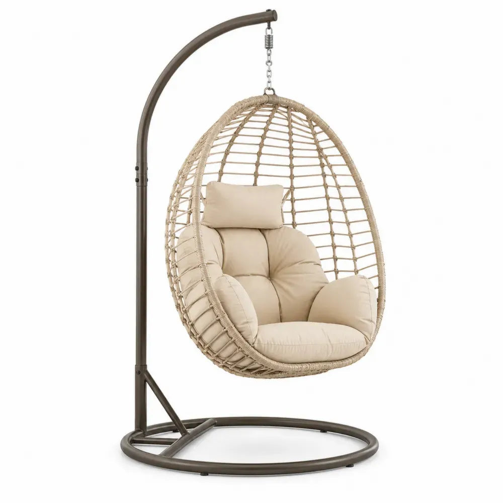 Hängesessel mit Gestell oval aus PE-Rattan und pulverbeschichtetem Stahl Beige Braun Creme 105 x 105 x 195 cm