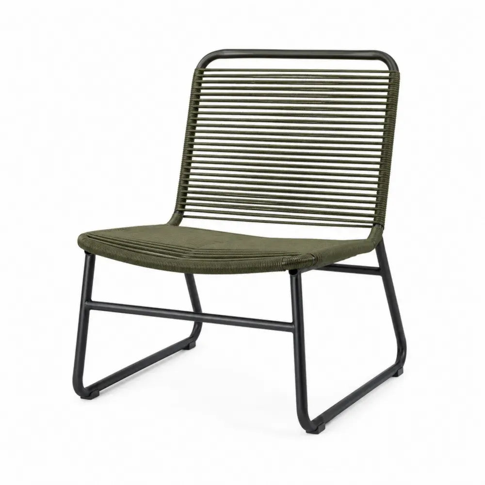 Lounge Gartenstuhl ohne Armlehnen rechteckig Stahlrohr Schwarz Olivgrün mit Polyesterseil 70 x 73 x 78 cm