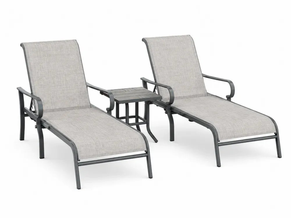 Sonnenliegen Set 3-teilig verstellbar mit Beistelltisch rechteckig pulverbeschichteter Stahl Dunkelgrau Hellgrau PVC-beschichtetes Polyester Liege je 180 x 62 x 96 cm Tisch 45 x 45 x 45 cm