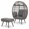 Garten Loungesessel Set 2-teilig mit Hocker oval PE-Rattan Grau Schwarz mit Polyesterkissen Sessel 95 x 82 x 148 cm Hocker 68 x 53 x 43 cm