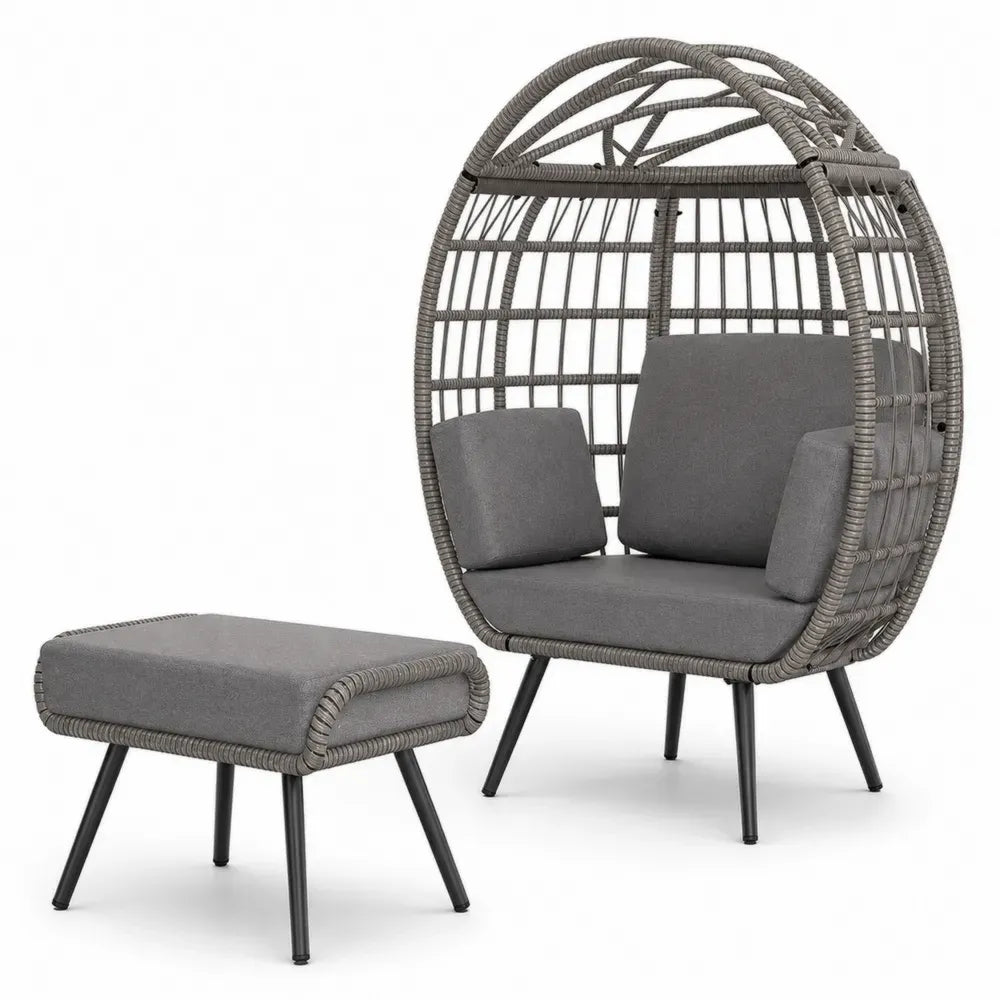 Garten Loungesessel Set 2-teilig mit Hocker oval PE-Rattan Grau Schwarz mit Polyesterkissen Sessel 95 x 82 x 148 cm Hocker 68 x 53 x 43 cm
