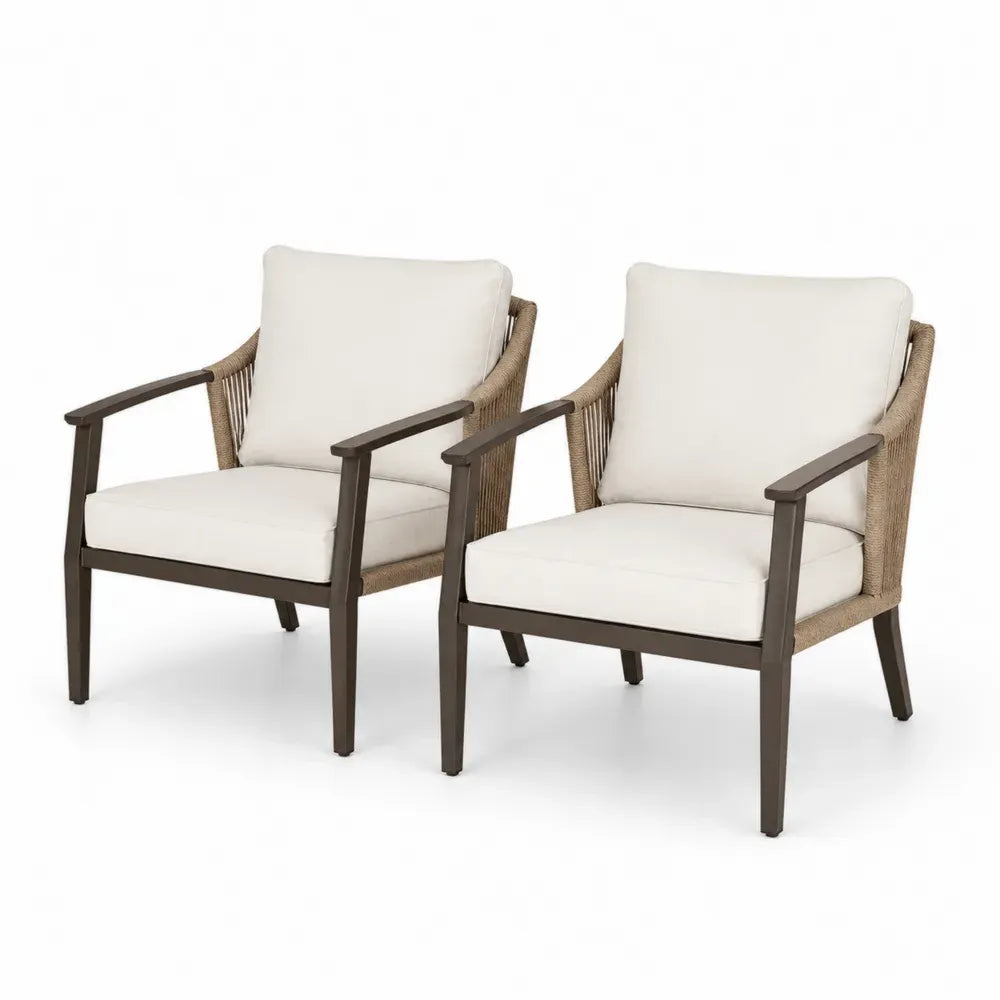 Gartenstuhl 2er Set mit Armlehnen Aluminium Dunkelbraun Beige Cremeweiß mit Polypropylen-Seilgeflecht und Polyesterkissen 65 x 72 x 82 cm