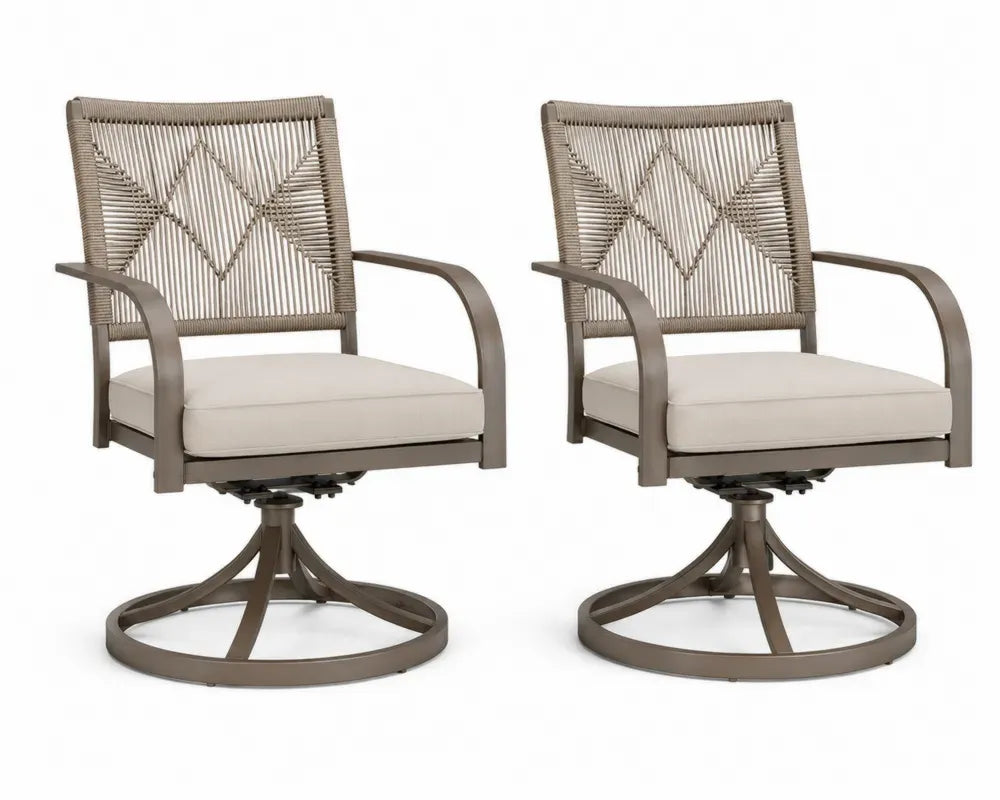 Garten Drehstühle 2er Set mit Armlehnen Stahl PE-Seilgeflecht Polyesterkissen Taupe Naturbeige Creme je 60 x 67 x 90 cm
