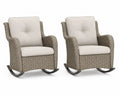 Schaukelstühle 2er Set Gartenstühle mit Armlehnen PE-Rattan Naturbeige Beige Dunkelgrau Stahlgestell und Polyesterkissen je 70 x 88 x 96 cm