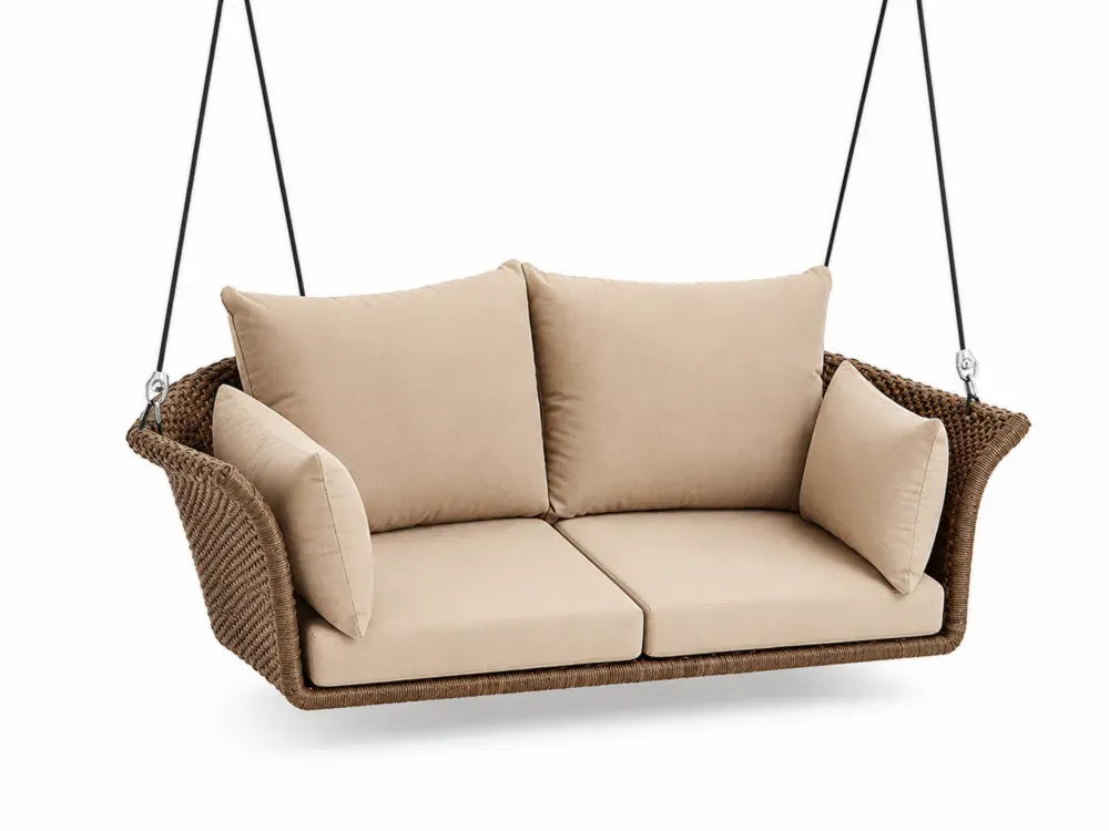 Hängesofa 2 Sitzer aus PE-Rattan mit Stahlrahmen und Polyesterpolstern Braun Beige Schwarz 150 x 80 x 60 cm