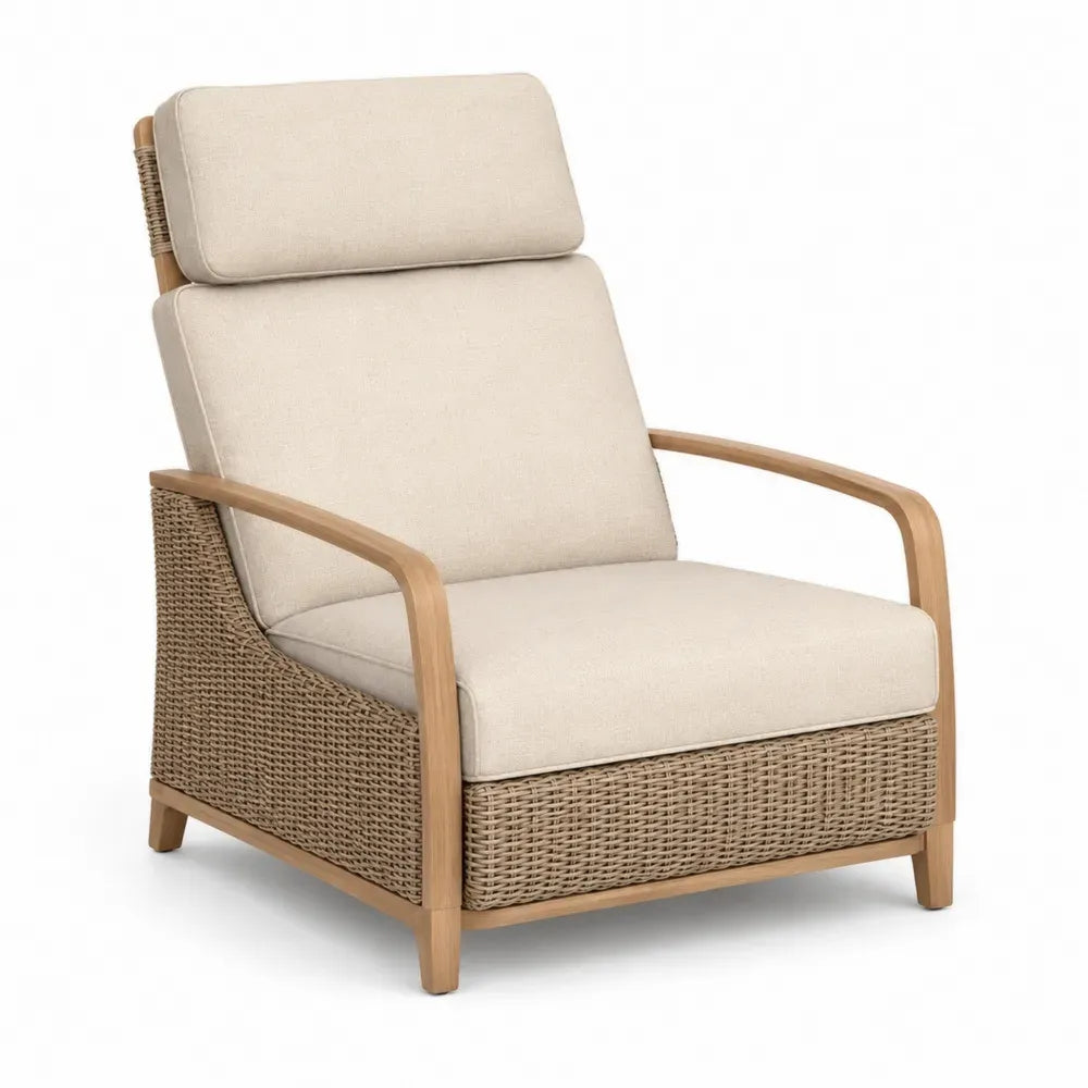Garten Loungesessel mit Armlehnen Akazienholz Naturbraun Naturbeige Beige mit PE-Rattan und Polyesterkissen 78 x 86 x 98 cm