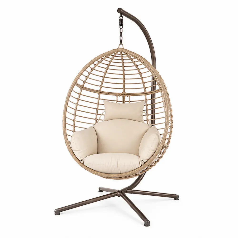 Hängesessel mit Gestell eiförmig PE-Rattan Naturbeige Beige Dunkelbraun Stahl 105 x 105 x 196 cm