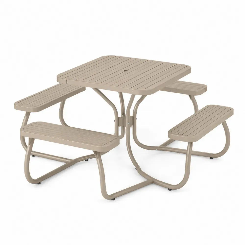 Picknicktisch Gartentisch Set quadratisch mit 4 Bänken 173 x 173 x 74 cm pulverbeschichteter Stahl Taupe Schwarz