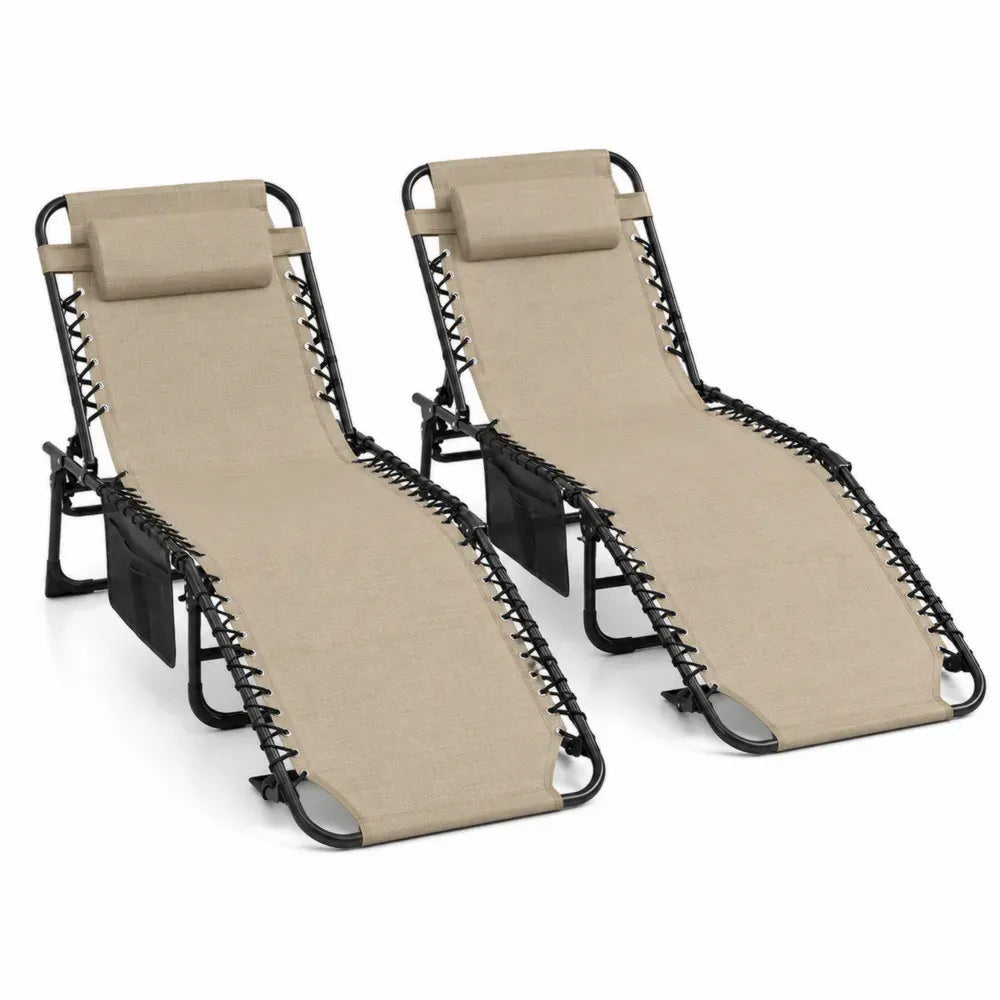 Gartenliegen 2er Set klappbar verstellbar mit Seitentisch Stahlrahmen PVC-beschichtetes Polyestergewebe Beige Schwarz je 160 x 65 x 110 cm