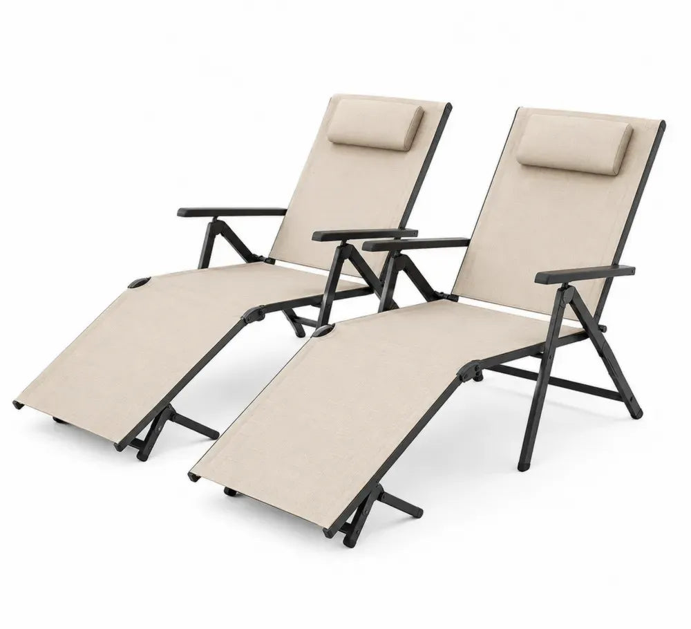 Gartenliege 2er Set verstellbar klappbar mit Stahlrahmen Schwarz Beige und PVC-beschichtetem Polyestergewebe je 165 x 65 x 110 cm
