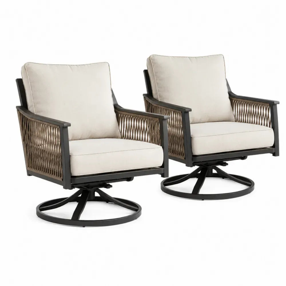 Garten Drehstuhl 2er Set mit Armlehnen Stahl Schwarz Naturbeige Creme mit PE-Seilgeflecht und Polyesterkissen je 73 x 78 x 86 cm