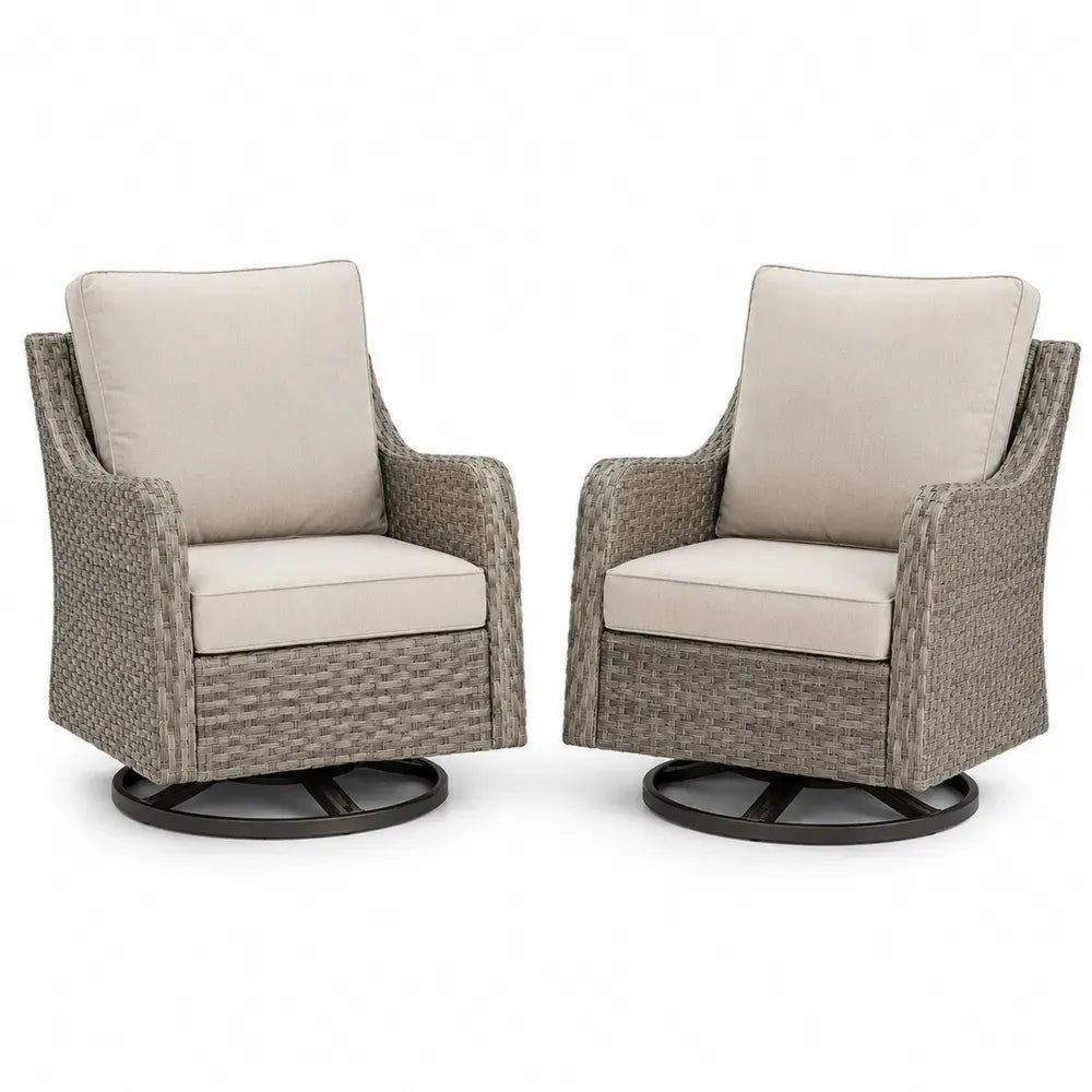 Gartensessel 2er Set drehbar mit Armlehnen PE-Rattan Stahlgestell Polyesterkissen Naturbeige Beige Schwarz je 72 x 78 x 88 cm
