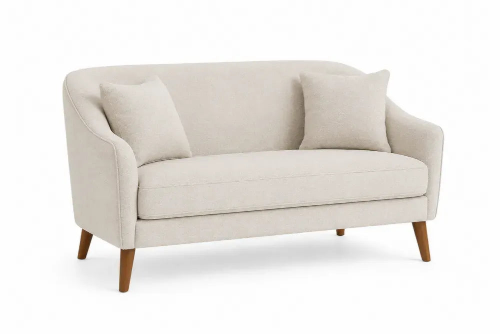 Zweisitzer-Sofa mit Armlehnen und 2 Kissen 145 x 76 x 82 cm Polyestergewebe Kautschukholz rechteckig Creme Naturbraun