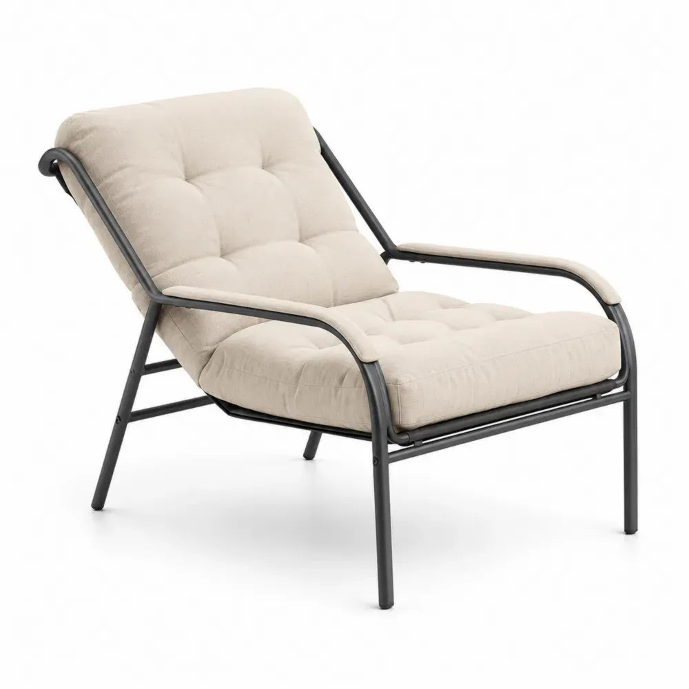 Loungesessel Gartenstuhl mit Armlehnen aus pulverbeschichtetem Stahl und Polyesterpolster Beige Schwarz 76 x 88 x 86 cm