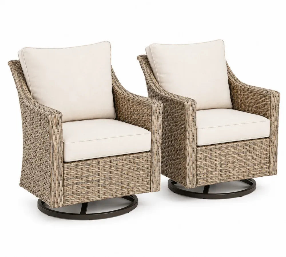 Gartensessel 2er Set drehbar mit Armlehnen PE-Rattan Naturbeige Beige Stahlgestell und Polyesterkissen je 72 x 78 x 88 cm