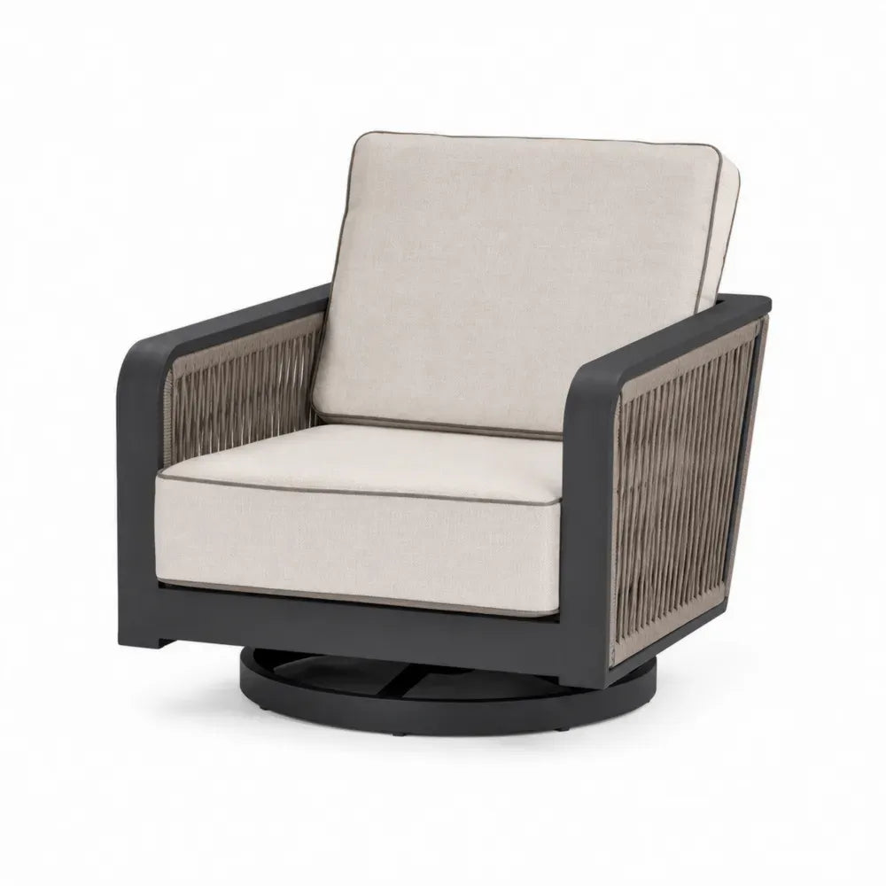 Garten Drehsessel mit Armlehnen Aluminium Schwarz Taupe Beige mit Polypropylen-Seilgeflecht und Polyesterkissen 82 x 84 x 82 cm