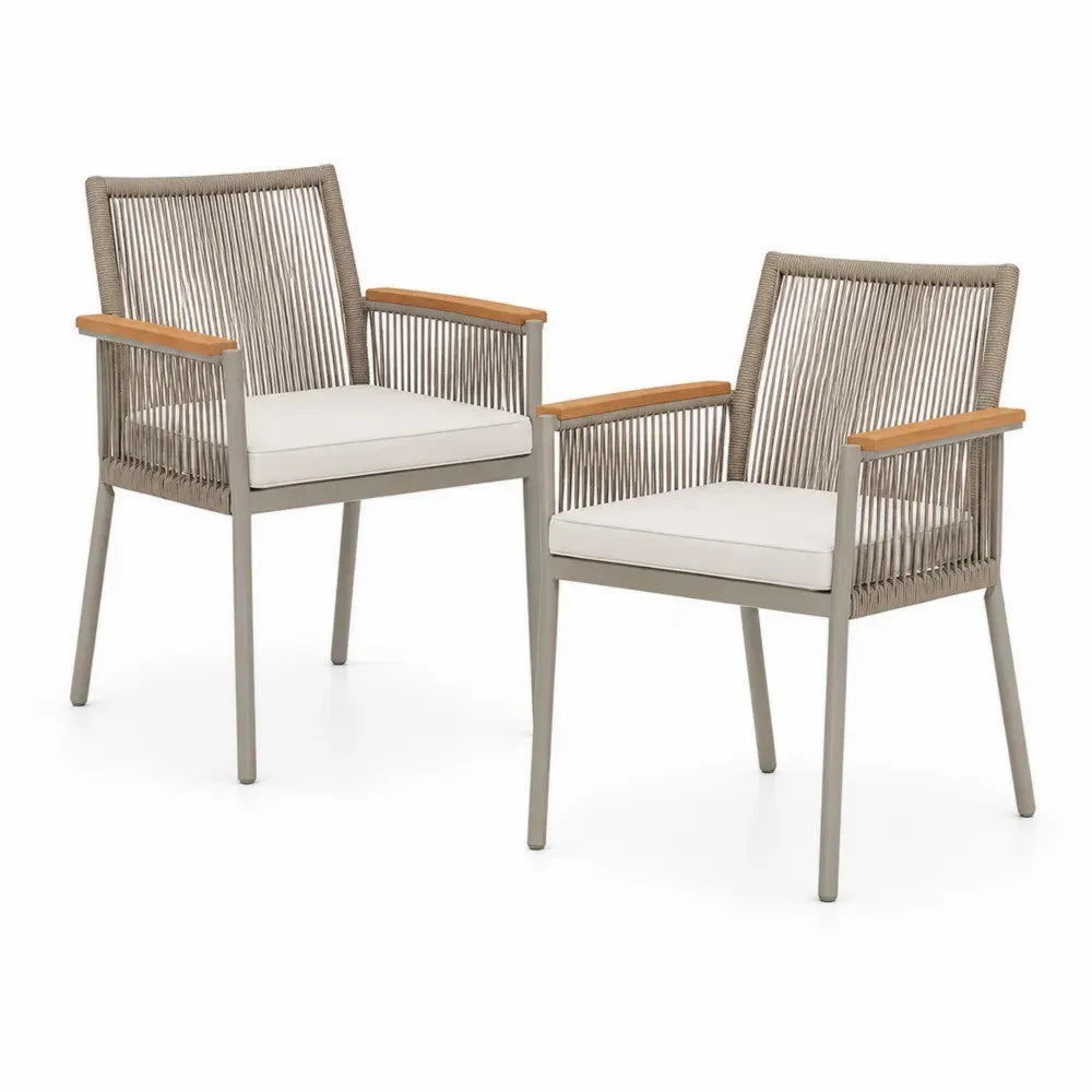 Gartenstühle 2er Set mit Armlehnen Aluminiumrahmen Polypropylen-Seilgeflecht Akazienholz Polyesterkissen Taupe Cremeweiß Naturbraun je 62 x 65 x 86 cm
